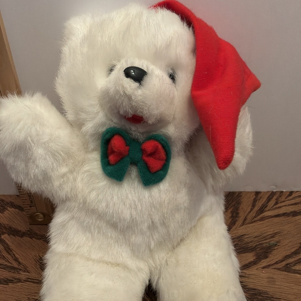 White Bear Plush 8" Christmas Hat Red Green Bowtie‎ Sasco Stuffed Animal